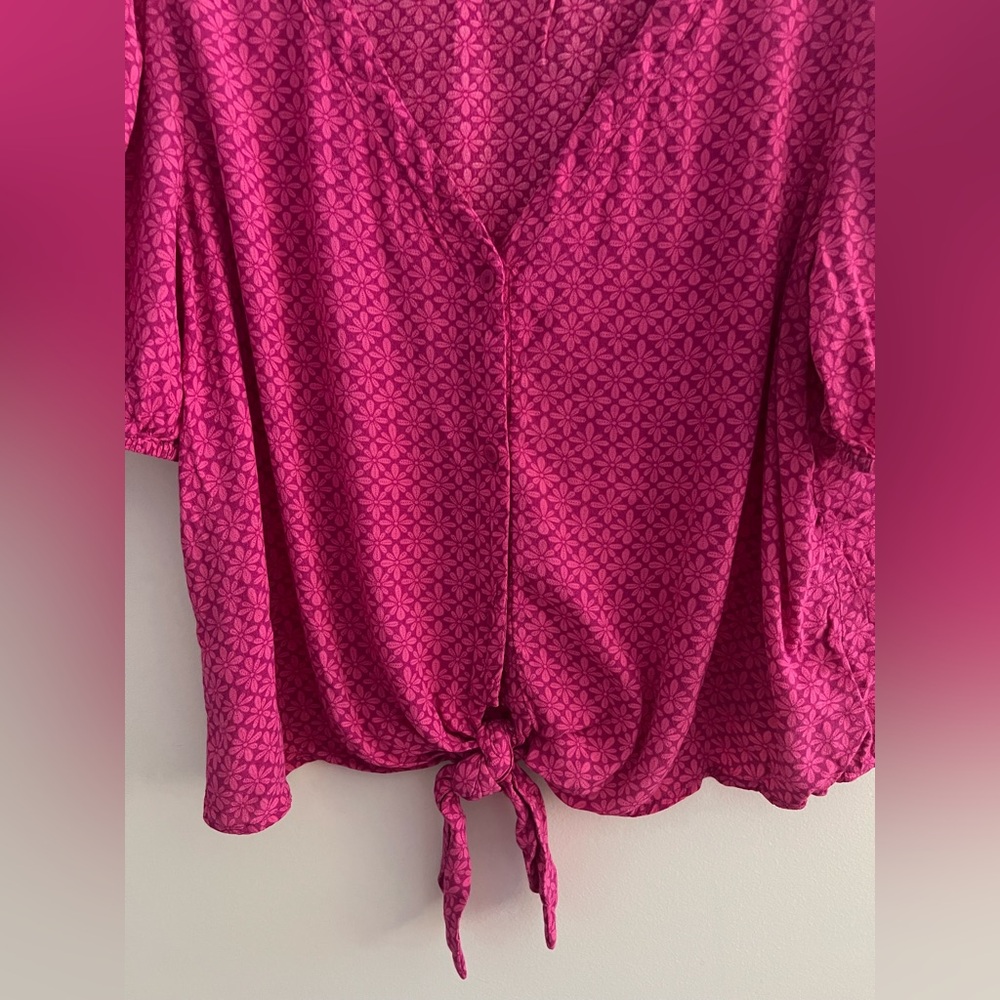 LOFT Stamped Puff Sleeve Tie Front Blouse Pink | Size L - Picture 3 of 5